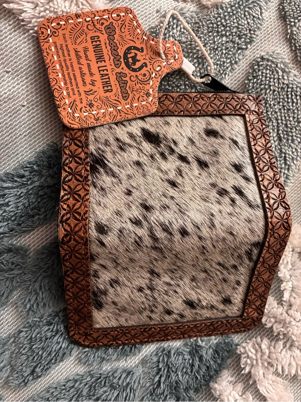 Genuine Leather Cowhide Zip Wallet in White & Brown